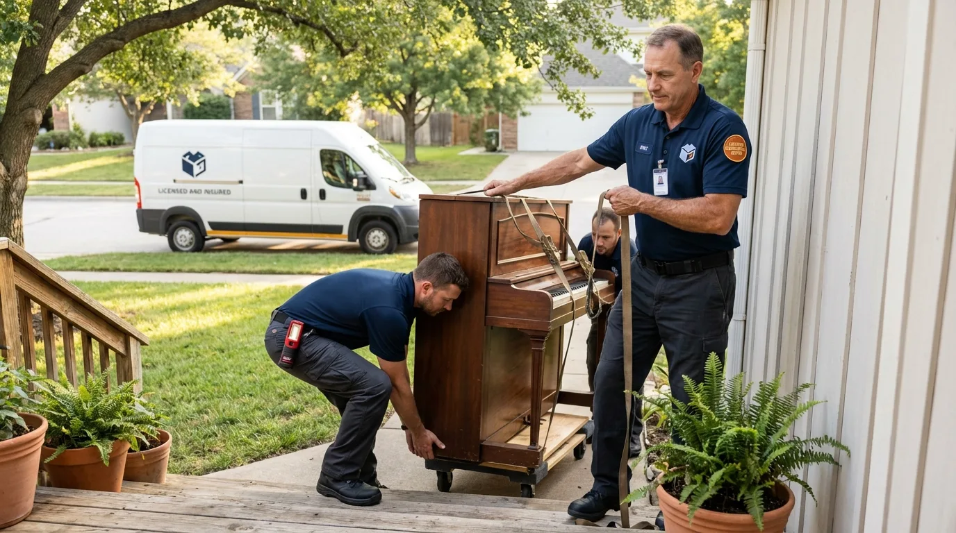 Licensed piano movers securing grand piano in Englewood, CO