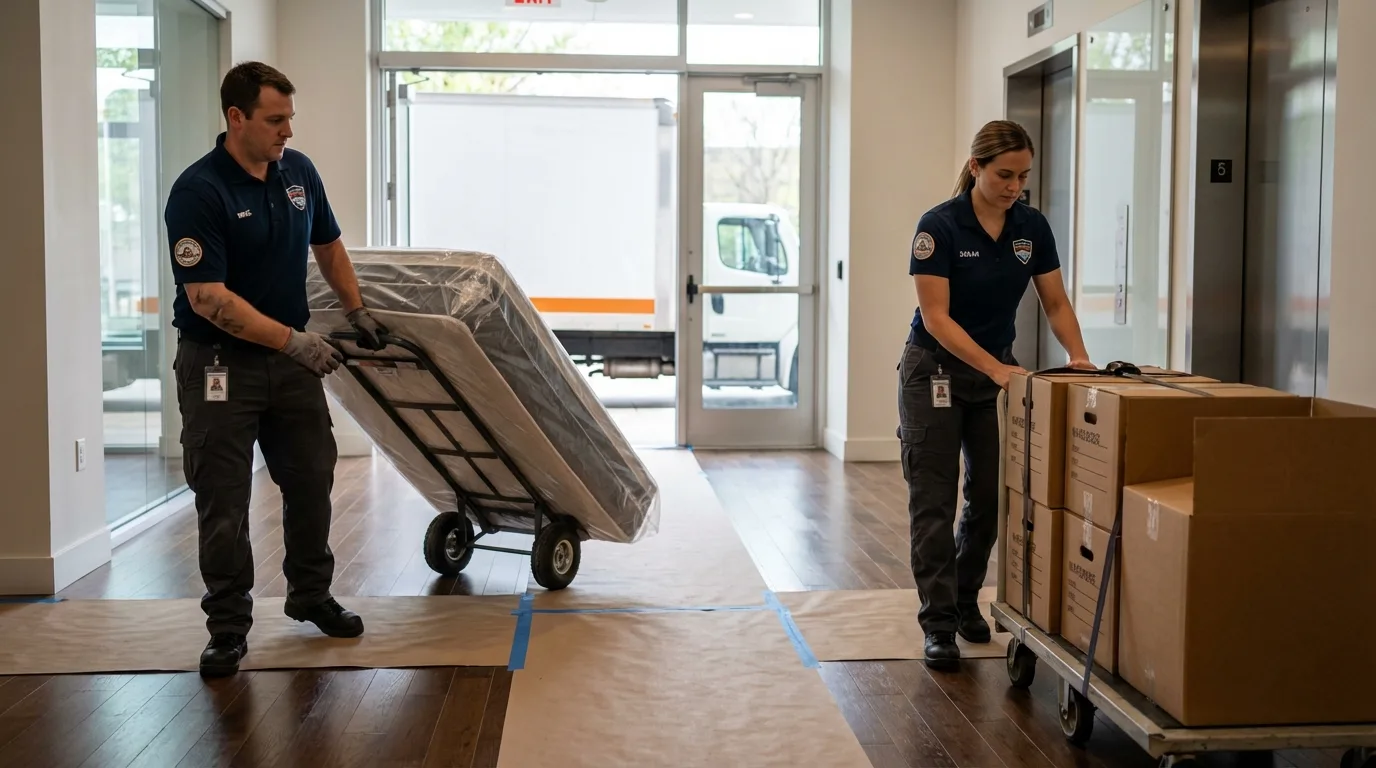 Professional apartment movers loading elevator in Englewood, CO